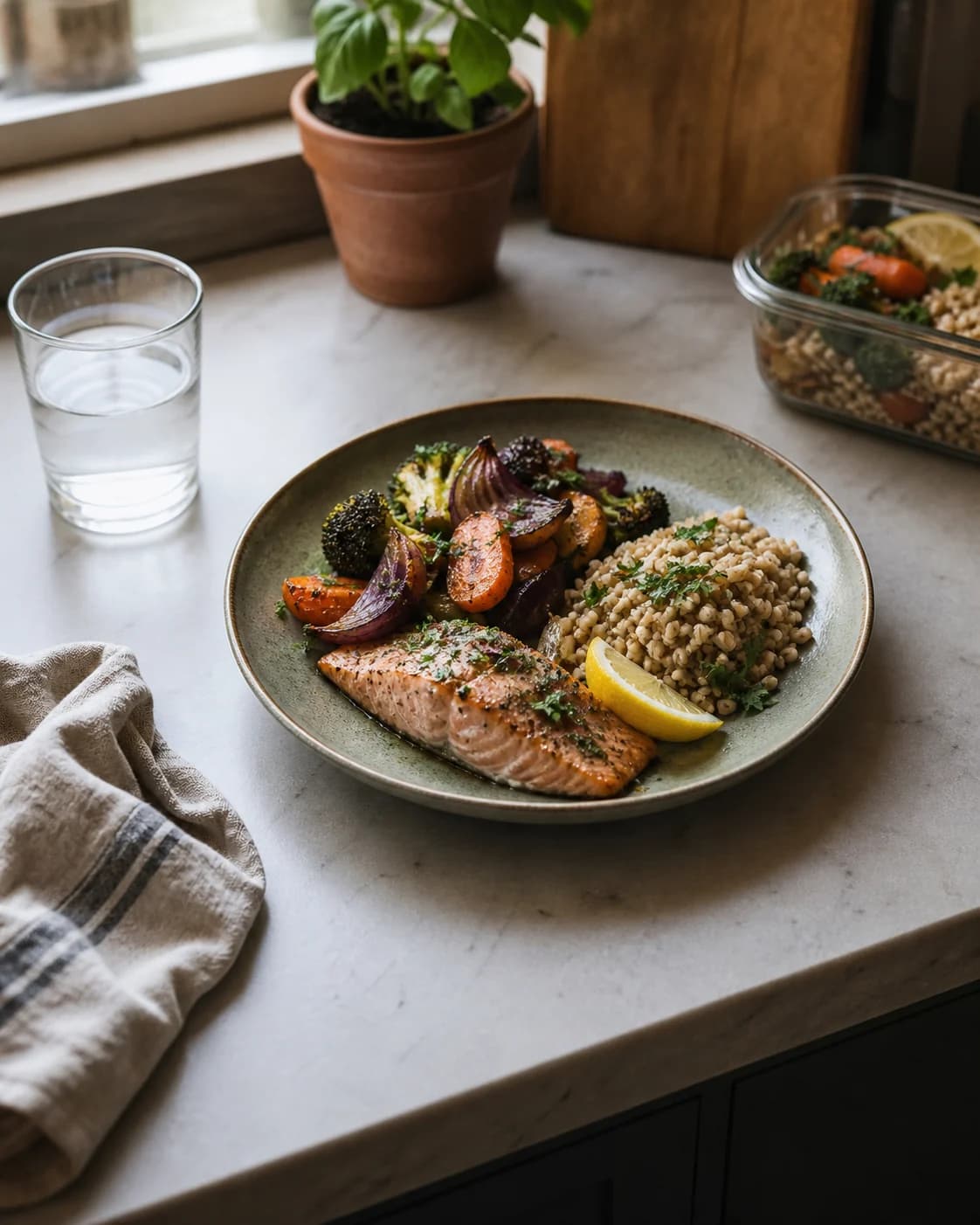 A balanced salmon, grain and roasted vegetable meal beside water and a meal-prep container